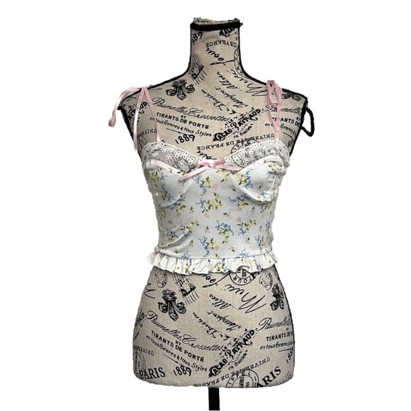 Sexy Floral Ribbon Strap Crop Top Lace Hippie Flower Ruffles Coquette  Cami S - Picture 2 of 12